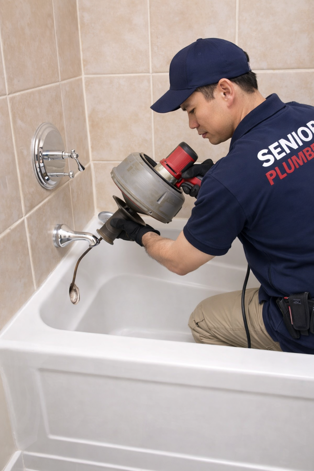 Professional plumber cleaning a clogged bathtub drain using a drain auger – SENIOR PLUMBERS™