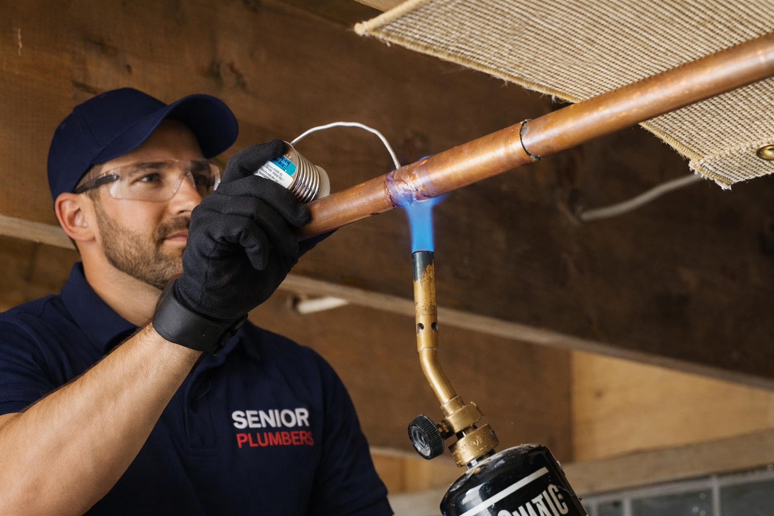 Professional plumber from SENIOR PLUMBERS™ soldering a copper pipe during plumbing repair