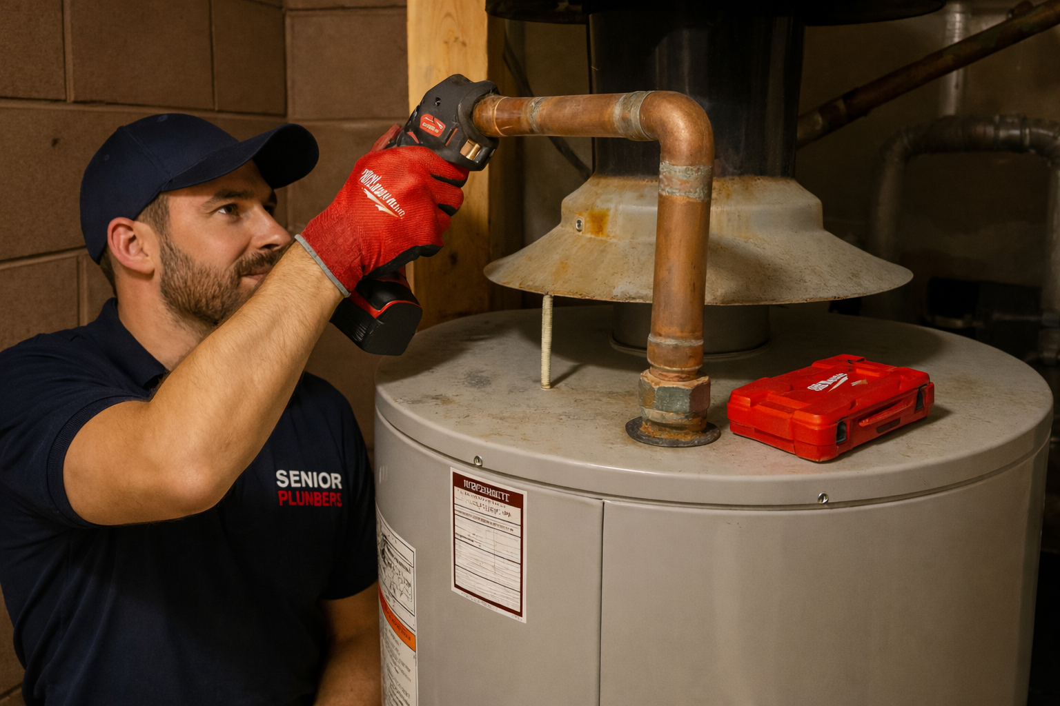 Professional plumber from SENIOR PLUMBERS™ repairing a residential water heater in York Region