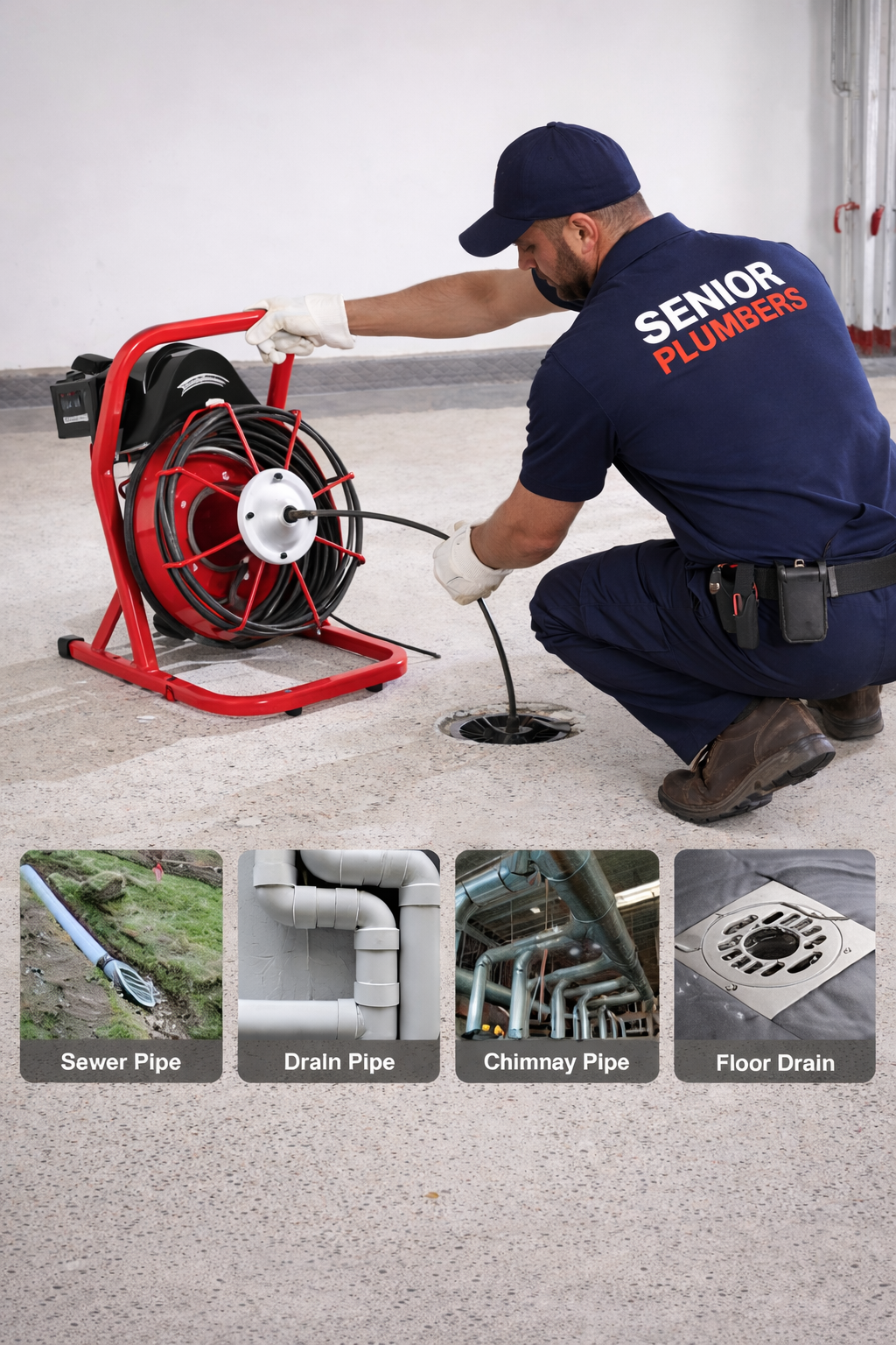 Professional plumber using a drain cleaning machine to clear a floor drain – SENIOR PLUMBERS™