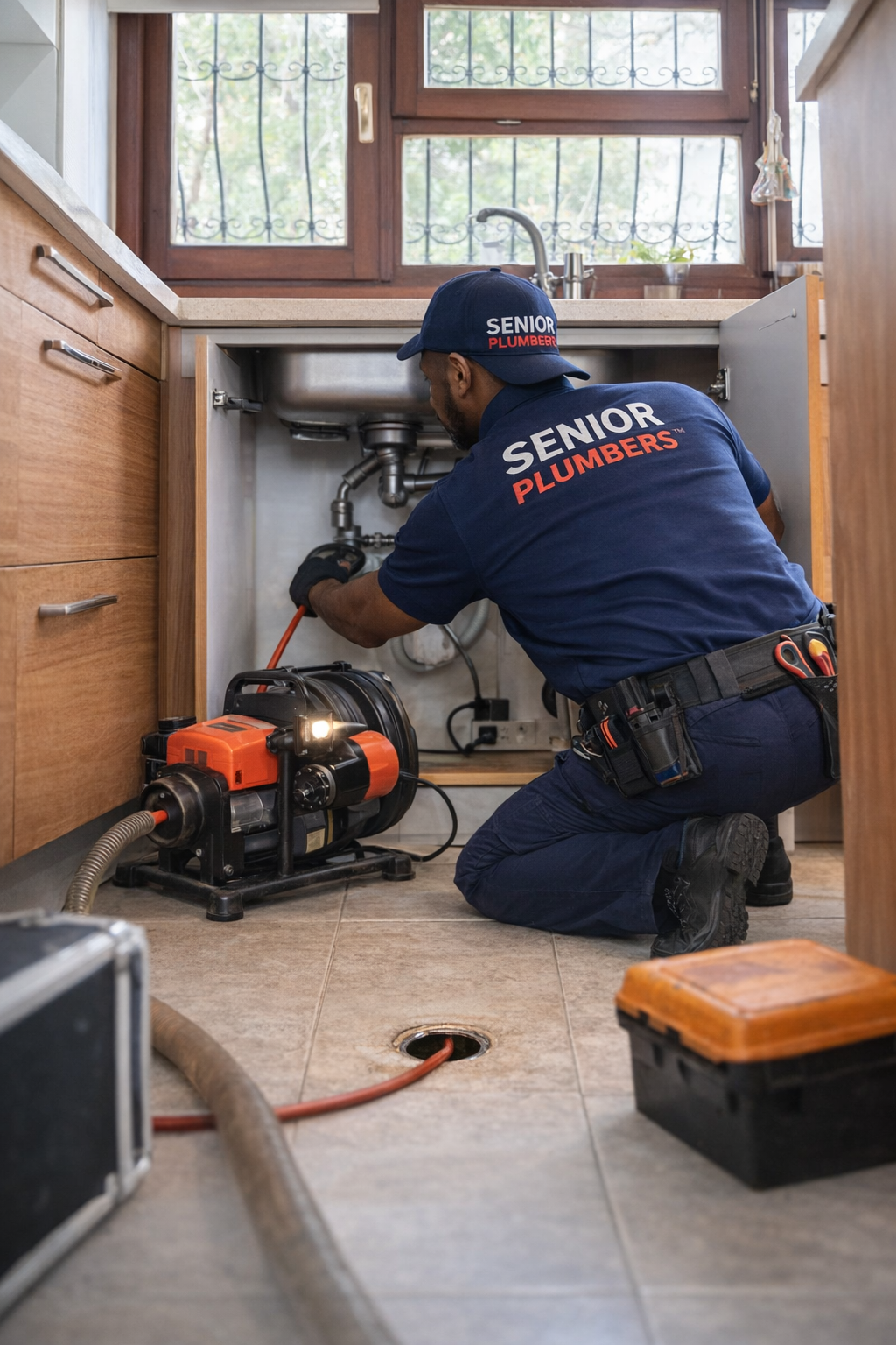 Professional plumber cleaning a clogged kitchen sink drain using a drain auger – SENIOR PLUMBERS™