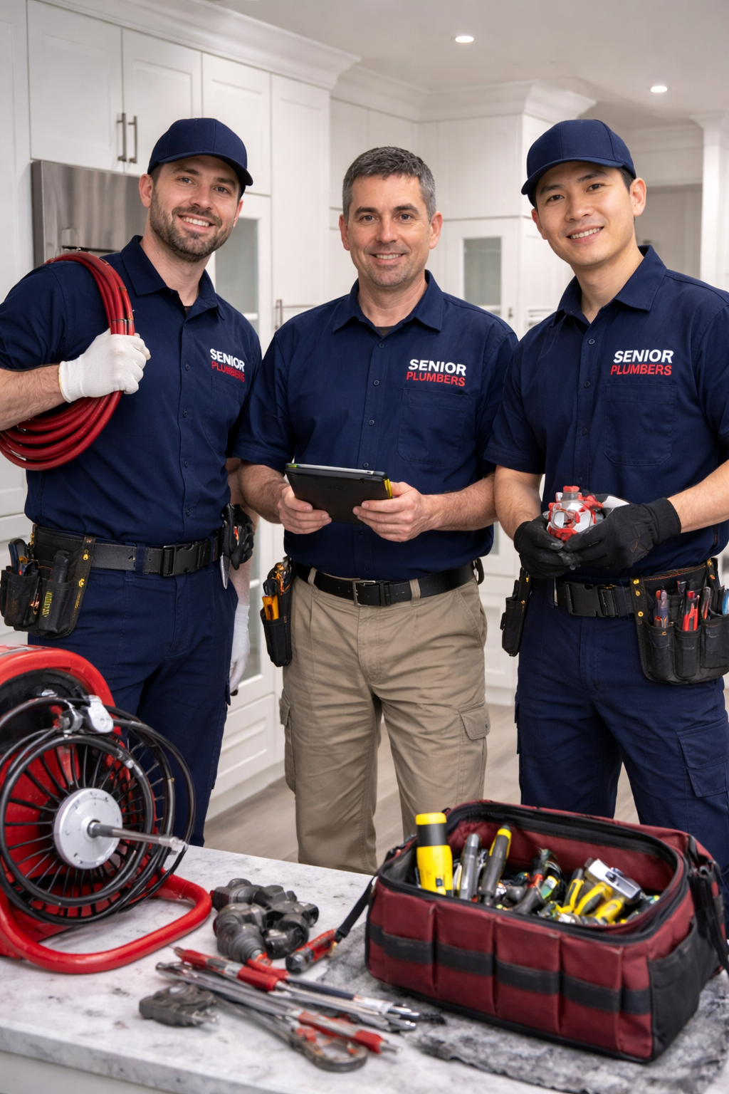 Professional plumbers from SENIOR PLUMBERS™ standing in a modern home with plumbing tools and equipment