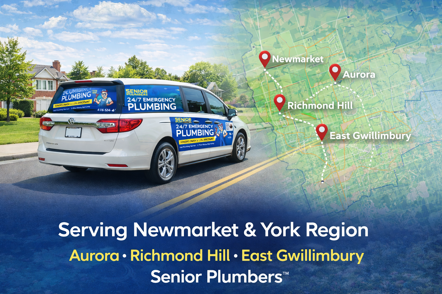 Senior Plumbers™ service vehicle providing plumbing services across Newmarket, Aurora, Richmond Hill and East Gwillimbury in York Region