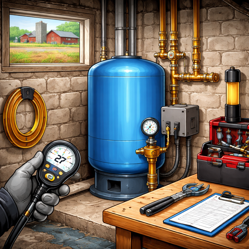 Well water pressure tank inspection in a farm basement by SENIOR PLUMBERS™