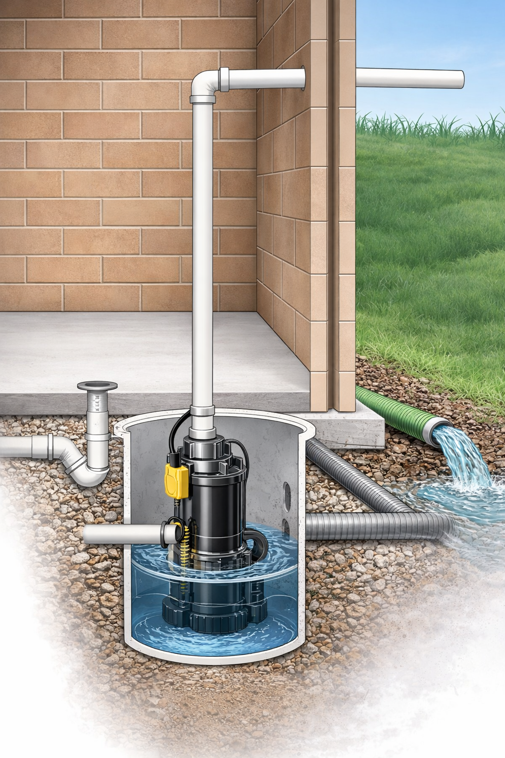 cross section diagram of a basement sump pump system