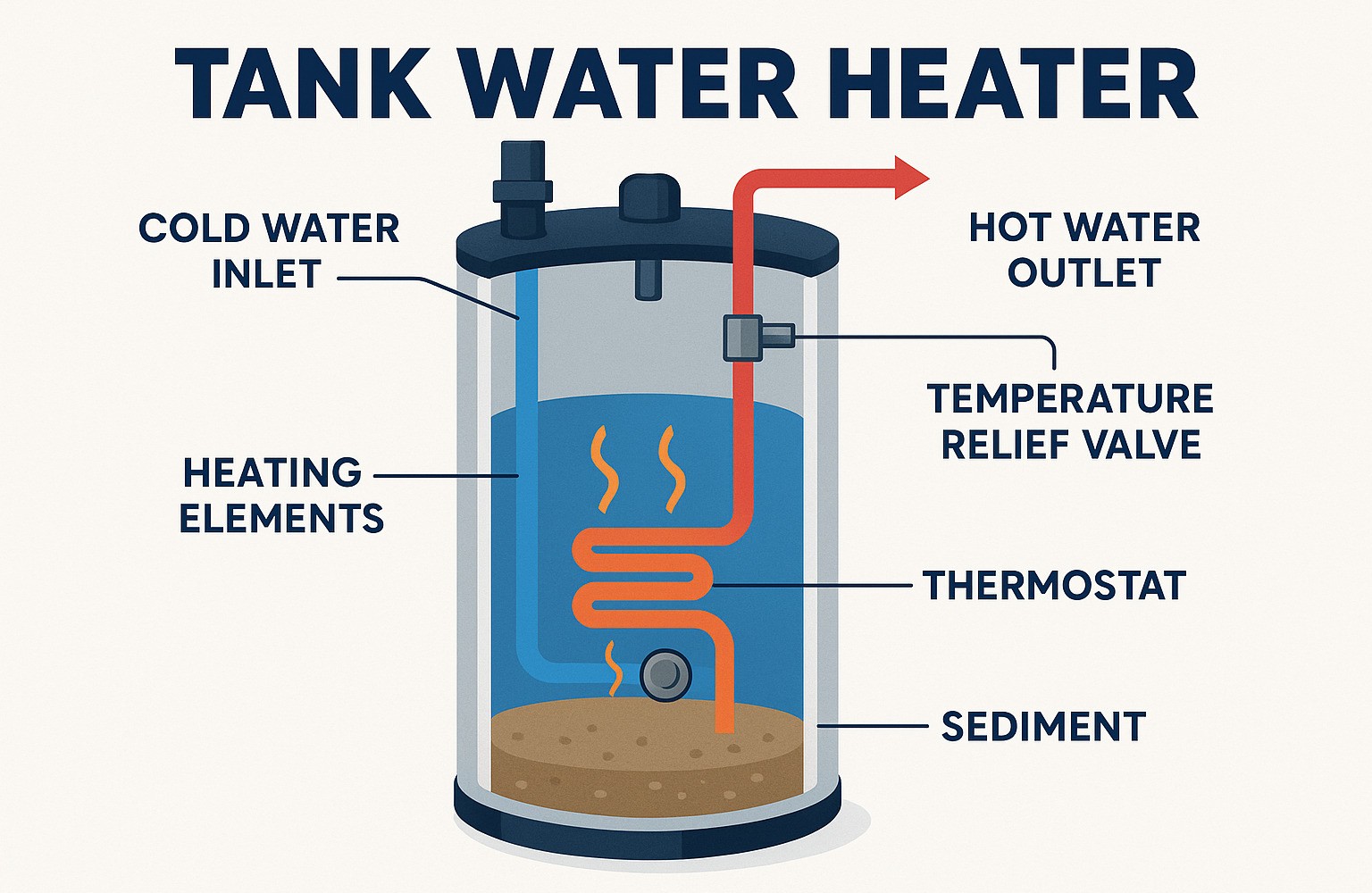 tank water heater internal system diagram showing heating element thermostat and sediment