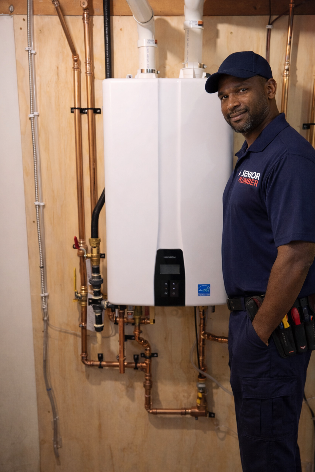 Senior Plumbers technician installing a tankless water heater with copper piping in a residential mechanical room