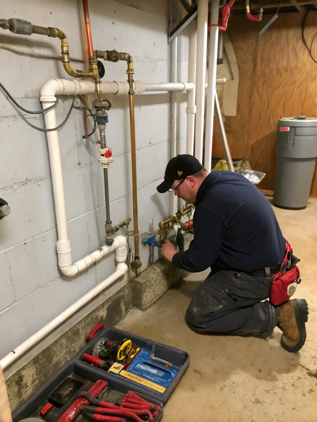 A basement with exposed plumbing and a sump pump, illustrating basement plumbing systems serviced by SENIOR PLUMBERS™.