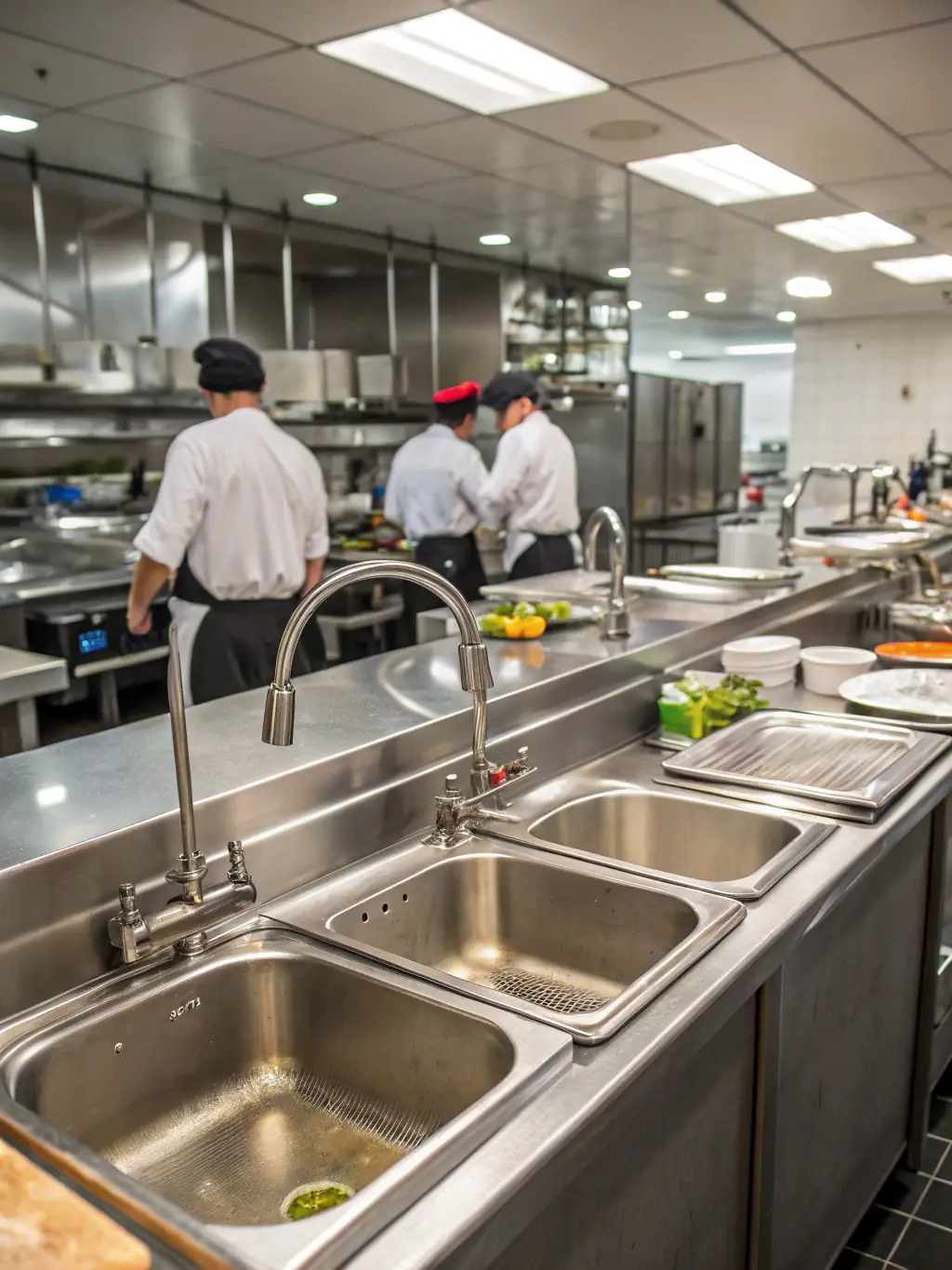 A bustling commercial kitchen with stainless steel appliances and visible floor drains, representing restaurant and commercial kitchen drain cleaning services.