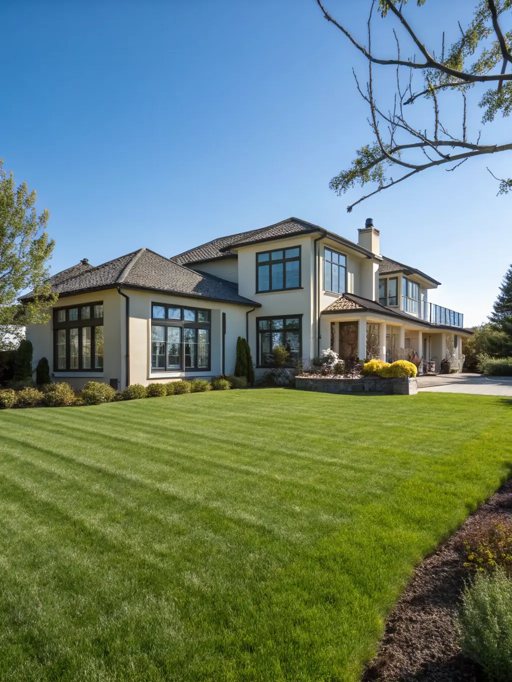 A modern house exterior with well-maintained landscaping, representing residential drain cleaning services offered by SENIOR PLUMBERS™.