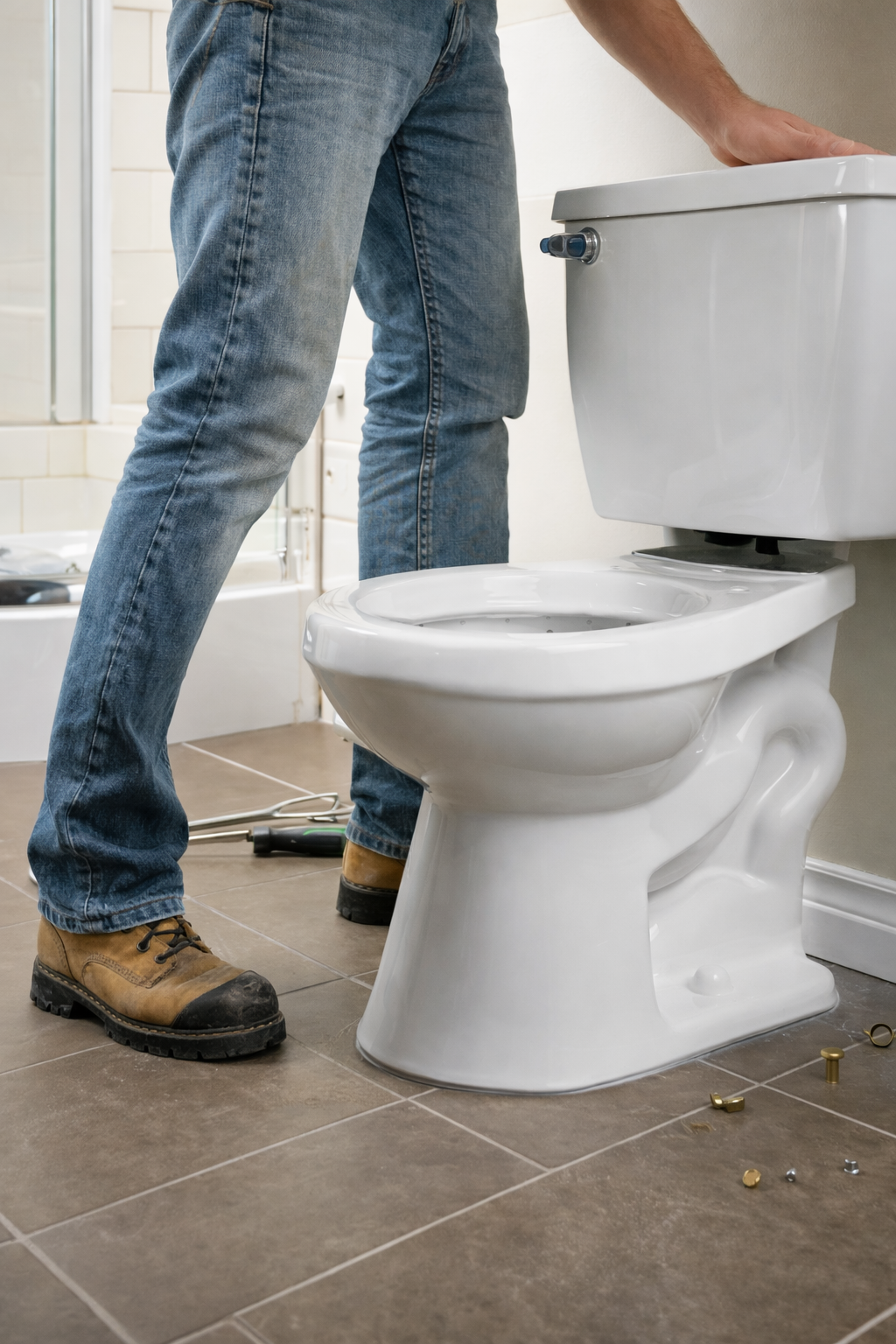 Professional toilet installation in bathroom by SENIOR PLUMBERS™ technician