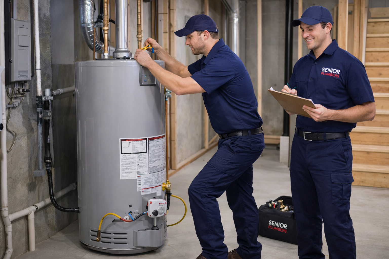 professional plumber installing residential water heater in King City Ontario by SENIOR PLUMBERS™