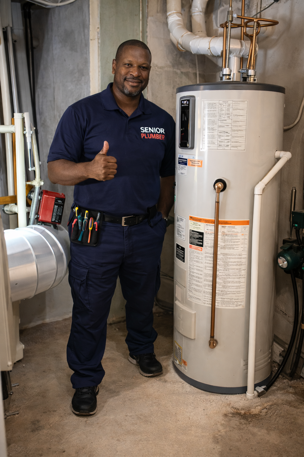 Senior Plumbers technician standing next to newly installed tank water heater in a residential basement