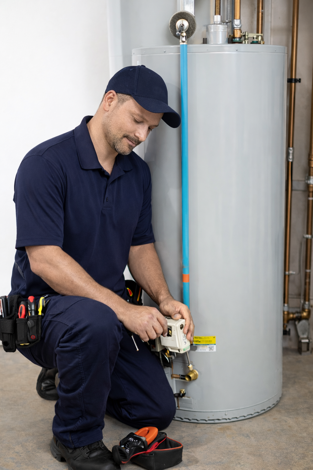 Senior Plumbers technician repairing a residential tank water heater in a mechanical room