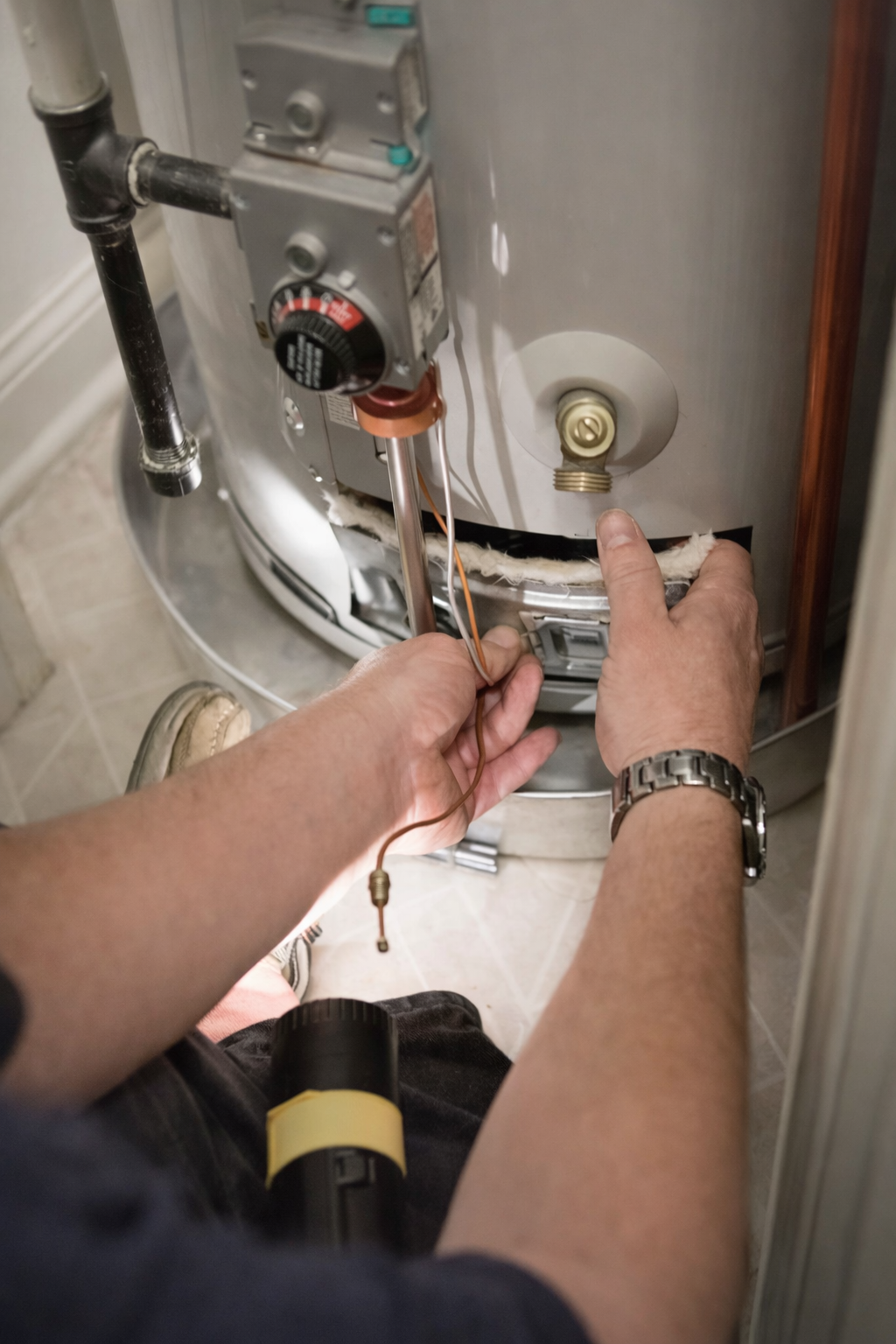 Senior Plumbers technician troubleshooting a residential water heater gas control valve